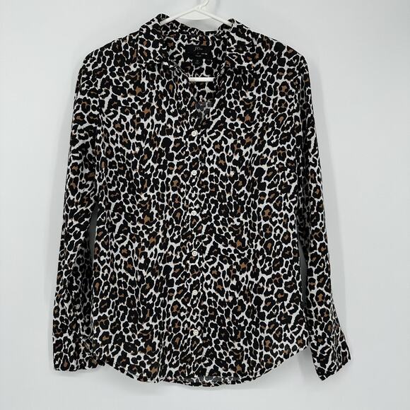 J. Crew Tops - J Crew Shirt Womens 0 Leopard Print Linen Cotton Button Front Slim Preppy